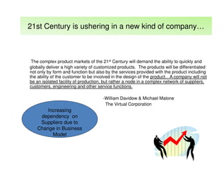 21st Century is ushering in a new kind of company…

The complex product markets of the 21st Century will demand the ability to quickly and
globally deliver a high variety of customized products. The products will be differentiated
not only by form and function but also by the services provided with the product including
the ability of the customer to be involved in the design of the product…A company will not
be an isolated facility of production, but rather a node in a complex network of suppliers,
customers, engineering and other service functions.
-William Davidow & Michael Malone
The Virtual Corporation

Increasing
dependency on
Suppliers due to
Change in Business
Model

 