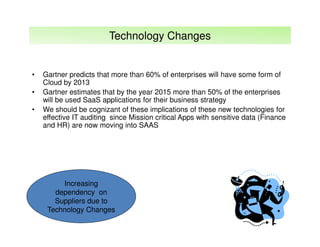 Technology Changes

•
•
•

Gartner predicts that more than 60% of enterprises will have some form of
Cloud by 2013
Gartner estimates that by the year 2015 more than 50% of the enterprises
will be used SaaS applications for their business strategy
We should be cognizant of these implications of these new technologies for
effective IT auditing since Mission critical Apps with sensitive data (Finance
and HR) are now moving into SAAS

Increasing
dependency on
Suppliers due to
Technology Changes

 