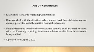 AAS 25: Comparatives
 Established standards regarding Comparatives
 Does not deal with the situations when summarized financial statements or
data are presented with the audited financial statements
 Should determine whether the comparative comply, in all material respects,
with the financing reporting framework relevant to the financial statement
being audited
 Operated from April 1, 2003
 