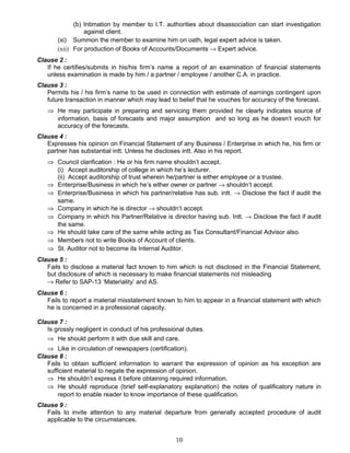 (b) Intimation by member to I.T. authorities about disassociation can start investigation
against client.
(xi) Summon the member to examine him on oath, legal expert advice is taken.
(xii) For production of Books of Accounts/Documents → Expert advice.
Clause 2 :
If he certifies/submits in his/his firm’s name a report of an examination of financial statements
unless examination is made by him / a partner / employee / another C.A. in practice.
Clause 3 :
Permits his / his firm’s name to be used in connection with estimate of earnings contingent upon
future transaction in manner which may lead to belief that he vouches for accuracy of the forecast.
⇒ He may participate in preparing and servicing them provided he clearly indicates source of
information, basis of forecasts and major assumption and so long as he doesn’t vouch for
accuracy of the forecasts.
Clause 4 :
Expresses his opinion on Financial Statement of any Business / Enterprise in which he, his firm or
partner has substantial intt. Unless he discloses intt. Also in his report.
⇒ Council clarification : He or his firm name shouldn’t accept.
(i) Accept auditorship of college in which he’s lecturer.
(ii) Accept auditorship of trust wherein he/partner is either employee or a trustee.
⇒ Enterprise/Business in which he’s either owner or partner → shouldn’t accept.
⇒ Enterprise/Business in which his partner/relative has sub. intt. → Disclose the fact if audit the
same.
⇒ Company in which he is director → shouldn’t accept.
⇒ Company in which his Partner/Relative is director having sub. Intt. → Disclose the fact if audit
the same.
⇒ He should take care of the same while acting as Tax Consultant/Financial Advisor also.
⇒ Members not to write Books of Account of clients.
⇒ St. Auditor not to become its Internal Auditor.
Clause 5 :
Fails to disclose a material fact known to him which is not disclosed in the Financial Statement,
but disclosure of which is necessary to make financial statements not misleading
→ Refer to SAP-13 ‘Materiality’ and AS.
Clause 6 :
Fails to report a material misstatement known to him to appear in a financial statement with which
he is concerned in a professional capacity.
Clause 7 :
Is grossly negligent in conduct of his professional duties.
⇒ He should perform it with due skill and care.
⇒ Like in circulation of newspapers (certification).
Clause 8 :
Fails to obtain sufficient information to warrant the expression of opinion as his exception are
sufficient material to negate the expression of opinion.
⇒ He shouldn’t express it before obtaining required information.
⇒ He should reproduce (brief self-explanatory explanation) the notes of qualificatory nature in
report to enable reader to know importance of these qualification.
Clause 9 :
Fails to invite attention to any material departure from generally accepted procedure of audit
applicable to the circumstances.
10
 