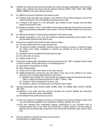 10. Whether the profit and loss account includes any profits and gains assessable on presumptive
basis, if yes, indicate the amount and the relevant sections (44AD, 44AE, 44AF, 44B, 44BB,
44BBA, 44BBB or any other relevant section).
11. (a) Method of account employed in the previous year.
(b) Whether there has been any change in the method of Accounting employed vis-à-vis the
method employed in the immediately preceding previous year.
(c) If answer to (b) above is in the affirmative, give details of such change, and the effect
thereof on the profit or loss.
(d) Details of deviation, if any, in the method of accounting employed in the previous year from
accounting standards prescribed under section 145 and the effect thereof on the profit or
loss.
12. (a) Method of valuation of closing stock employed in the previous year.
(b) Details of deviation, if any, from the method of valuation prescribed under section 145A,
and the effect thereof on the profit or loss.
13. Amounts not credited to the profit and loss account, being, –
(a) The items falling within the scope of section 28;
(b) The proforma credits, drawbacks, refunds of duty of customs or excise, or refunds of sales
tax, where such credits, drawbacks or refunds are admitted as due by the authorities
concerned;
(c) Escalation claims accepted during the previous year;
(d) Any other item of income;
(e) Capital receipt, if any.
14. Particulars of depreciation allowable as per the Income-Tax Act, 1961 in respect of each asset
or block of assets, as the case may be, in the following form:–
(a) Description of asset/block of assets.
(b) Rate of depreciation.
(c) Actual cost or written down value, as the case may be.
(d) Additions/deductions during the year with dates; in the case of any addition of an asset,
date put to use; including adjustments on account of –
(i) Modified Value Added Tax credit claimed and allowed under the Central Excise Rules,
1944, in respect of assets acquired on or after 1st
March, 1994,
(ii) Change in rate of exchange of currency, and
(iii) Subsidy or grant or reimbursement, by whatever name called.
15. Amounts admissible under sections 33AB, 33ABA, 33AC, 35, 35ABB, 35AC, 35CCA, 35CCB,
35D, 35E:–
(a) Debited to the profit and loss account (showing the amount debited and deduction
allowable under each section separately);
(b) Not debited to the profit and loss account.
16. (a) Any sum paid to an employee as bonus or commission for services rendered, where such
sum was otherwise payable to him as profits or dividend. [Section 36 (1) (ii)].
(b) Any sum received from employees towards contributions to any provident fund or
superannuation fund or any other fund mentioned in section 2(24)(x); and due date for
payment and the actual date of payment to the concerned authorities under section 36(1)
(va).
17. Amounts debited to the profit and loss account, being:–
(a) Expenditure of capital nature;
114
 