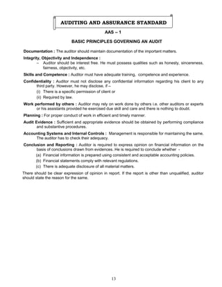AUDITING AND ASSURANCE STANDARD
AAS – 1
BASIC PRINCIPLES GOVERNING AN AUDIT
Documentation : The auditor should maintain documentation of the important matters.
Integrity, Objectivity and Independence :
− Auditor should be interest free. He must possess qualities such as honesty, sincereness,
fairness, objectivity, etc.
Skills and Competence : Auditor must have adequate training, competence and experience.
Confidentiality : Auditor must not disclose any confidential information regarding his client to any
third party. However, he may disclose, if –
(i) There is a specific permission of client or
(ii) Required by law.
Work performed by others : Auditor may rely on work done by others i.e. other auditors or experts
or his assistants provided he exercised due skill and care and there is nothing to doubt.
Planning : For proper conduct of work in efficient and timely manner.
Audit Evidence : Sufficient and appropriate evidence should be obtained by performing compliance
and substantive procedures.
Accounting Systems and Internal Controls : Management is responsible for maintaining the same.
The auditor has to check their adequacy.
Conclusion and Reporting : Auditor is required to express opinion on financial information on the
basis of conclusions drawn from evidences. He is required to conclude whether -
(a) Financial information is prepared using consistent and acceptable accounting policies.
(b) Financial statements comply with relevant regulations.
(c) There is adequate disclosure of all material matters.
There should be clear expression of opinion in report. If the report is other than unqualified, auditor
should state the reason for the same.
13
 