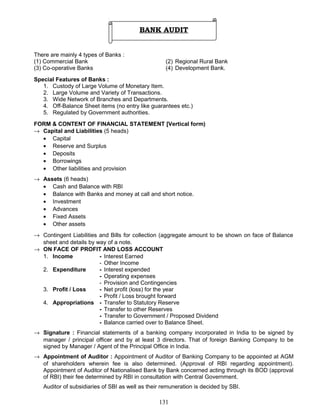 BANK AUDIT
There are mainly 4 types of Banks :
(1) Commercial Bank (2) Regional Rural Bank
(3) Co-operative Banks (4) Development Bank.
Special Features of Banks :
1. Custody of Large Volume of Monetary Item.
2. Large Volume and Variety of Transactions.
3. Wide Network of Branches and Departments.
4. Off-Balance Sheet items (no entry like guarantees etc.)
5. Regulated by Government authorities.
FORM & CONTENT OF FINANCIAL STATEMENT [Vertical form)
→ Capital and Liabilities (5 heads)
• Capital
• Reserve and Surplus
• Deposits
• Borrowings
• Other liabilities and provision
→ Assets (6 heads)
• Cash and Balance with RBI
• Balance with Banks and money at call and short notice.
• Investment
• Advances
• Fixed Assets
• Other assets
→ Contingent Liabilities and Bills for collection (aggregate amount to be shown on face of Balance
sheet and details by way of a note.
→ ON FACE OF PROFIT AND LOSS ACCOUNT
1. Income - Interest Earned
- Other Income
2. Expenditure - Interest expended
- Operating expenses
- Provision and Contingencies
3. Profit / Loss - Net profit (loss) for the year
- Profit / Loss brought forward
4. Appropriations - Transfer to Statutory Reserve
- Transfer to other Reserves
- Transfer to Government / Proposed Dividend
- Balance carried over to Balance Sheet.
→ Signature : Financial statements of a banking company incorporated in India to be signed by
manager / principal officer and by at least 3 directors. That of foreign Banking Company to be
signed by Manager / Agent of the Principal Office in India.
→ Appointment of Auditor : Appointment of Auditor of Banking Company to be appointed at AGM
of shareholders wherein fee is also determined. (Approval of RBI regarding appointment).
Appointment of Auditor of Nationalised Bank by Bank concerned acting through its BOD (approval
of RBI) their fee determined by RBI in consultation with Central Government.
Auditor of subsidiaries of SBI as well as their remuneration is decided by SBI.
131
 