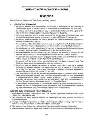 COMPANY AUDIT & COMPANY AUDITOR
DIVIDENDS
Refer to Chart on Dividend and Case Study from study material.
 VERIFICATION OF DIVIDEND
• He should examine the Memorandum and Articles of Association of the Company to
determine the rights of different classes of shareholders to whom dividend has been paid.
• He should ensure that dividends can only be distributed out of profits. The capital of the
shareholders can not be used for he purpose of payment of dividends.
• He should ascertain whether profits earmarked for the purpose of dividend have been
computed in accordance with the requirements of section 205 of the Companies Act.
• He should ascertain whether the rate of dividend has been recommended properly in a
meeting of the Board of Directors.
• He should inspect the shareholders minute book to verify the amount of dividend declared
and confirm that the amount does not exceed the amount recommended by the directors.
• He should see that profits appropriated for payment of divided are after transfer to reserves
an amount in accordance with the rules framed by the Central Government.
• He should examine the list of shareholders as drawn from the Registrar of Shareholders and
see that the total amount of dividend payable companies with the Dividend Account.
• If a separate bank account is opened for payment of dividends, he should check the transfer
of total amount of dividends payable from the Dividends Account.
• He should verify the amount of unclaimed dividend with the Dividend Account, bank Pass
Book and dividend warrants as have been returned undelivered.
• He should see that where the dividend is declared, distributed or paid by a domestic
company (not a foreign company), the tax on distributed profit at the rate of 10% is paid with
in 14 days from the date of declaration, distribution or payment of dividend whichever is
earliest. [Section 115(0) of the Income Tax Act, 1961]
• The auditor should see that the dividend which remains unpaid or unclaimed within 30 days
of the declaration of the dividend, such unpaid or unclaimed dividend has been transferred to
a special bank account entitled “Unpaid Dividend Account of _________ Company Limited /
Company Pvt. Limited”. The transfer must be made within 7 days from the date of expiry of
30 days. Such an account is to be opened only in a Scheduled Bank.
• If any dividend remains unpaid or unclaimed for a period of seven years from the date of
transfer, the amount standing to the credit of the special bank account has to be transferred
by the company to the fund called Investor Education and Protection Fund.
AUDITORS DUTY WITH REGARD TO DEPRECIATION
1. Companies Act provides only minimum rates. The company can charge depreciation at a higher
% also. (or it means lesser life).
2. The company can adopt different methods for different type of assets provided the same is
consistently followed.
3. Change in method of depreciation should be with retrospective effect and only if it is required by
statute or accounting standard or if it results in better presentation.
4. The accounts must disclose the methods which have been used to calculate depreciation.
5. Low-value items may be fully depreciated provided this is disclosed appropriately in the accounts.
160
 