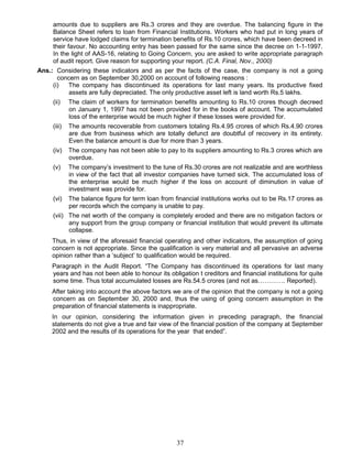 amounts due to suppliers are Rs.3 crores and they are overdue. The balancing figure in the
Balance Sheet refers to loan from Financial Institutions. Workers who had put in long years of
service have lodged claims for termination benefits of Rs.10 crores, which have been decreed in
their favour. No accounting entry has been passed for the same since the decree on 1-1-1997.
In the light of AAS-16, relating to Going Concern, you are asked to write appropriate paragraph
of audit report. Give reason for supporting your report. (C.A. Final, Nov., 2000)
Ans.: Considering these indicators and as per the facts of the case, the company is not a going
concern as on September 30,2000 on account of following reasons :
(i) The company has discontinued its operations for last many years. Its productive fixed
assets are fully depreciated. The only productive asset left is land worth Rs.5 lakhs.
(ii) The claim of workers for termination benefits amounting to Rs.10 crores though decreed
on January 1, 1997 has not been provided for in the books of account. The accumulated
loss of the enterprise would be much higher if these losses were provided for.
(iii) The amounts recoverable from customers totaling Rs.4.95 crores of which Rs.4.90 crores
are due from business which are totally defunct are doubtful of recovery in its entirety.
Even the balance amount is due for more than 3 years.
(iv) The company has not been able to pay to its suppliers amounting to Rs.3 crores which are
overdue.
(v) The company’s investment to the tune of Rs.30 crores are not realizable and are worthless
in view of the fact that all investor companies have turned sick. The accumulated loss of
the enterprise would be much higher if the loss on account of diminution in value of
investment was provide for.
(vi) The balance figure for term loan from financial institutions works out to be Rs.17 crores as
per records which the company is unable to pay.
(vii) The net worth of the company is completely eroded and there are no mitigation factors or
any support from the group company or financial institution that would prevent its ultimate
collapse.
Thus, in view of the aforesaid financial operating and other indicators, the assumption of going
concern is not appropriate. Since the qualification is very material and all pervasive an adverse
opinion rather than a ‘subject’ to qualification would be required.
Paragraph in the Audit Report. “The Company has discontinued its operations for last many
years and has not been able to honour its obligation t creditors and financial institutions for quite
some time. Thus total accumulated losses are Rs.54.5 crores (and not as…………. Reported).
After taking into account the above factors we are of the opinion that the company is not a going
concern as on September 30, 2000 and, thus the using of going concern assumption in the
preparation of financial statements is inappropriate.
In our opinion, considering the information given in preceding paragraph, the financial
statements do not give a true and fair view of the financial position of the company at September
2002 and the results of its operations for the year that ended”.
37
 
