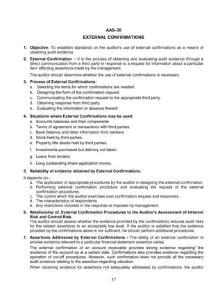 AAS-30
EXTERNAL CONFIRMATIONS
1. Objective: To establish standards on the auditor's use of external confirmations as a means of
obtaining audit evidence.
2. External Confirmation :- It is the process of obtaining and evaluating audit evidence through a
direct communication from a third party in response to a request for information about a particular
item affecting assertions made by the management.
The auditor should determine whether the use of external confirmations is necessary.
3. Process of External Confirmations:
a. Selecting the items for which confirmations are needed.
b. Designing the form of the confirmation request.
c. Communicating the confirmation request to the appropriate third party.
d. Obtaining response from third party.
e. Evaluating the information or absence thereof.
4. Situations where External Confirmations may be used:
a. Accounts balances and their components
b. Terms of agreement or transactions with third parties.
c. Bank Balance and other information from bankers.
d. Stock held by third parties.
e. Property title deeds held by third parties.
f. Investments purchased but delivery not taken.
g. Loans from lenders
h. Long outstanding share application money.
5. Reliability of evidence obtained by External Confirmations:
It depends on -
a. The application of appropriate procedures by the auditor in designing the external confirmation.
b. Performing external confirmation procedure and evaluating the request of the external
confirmation procedures.
c. The control which the auditor exercises over confirmation request and responses.
d. The characteristics of respondents
e. Any restrictions included in the response or imposed by management.
6. Relationship of, External Confirmation Procedures to the Auditor's Assessment of Inherent
Risk and Control Risk.
The auditor should assess whether the evidence provided by the confirmations reduces audit risks
for the related assertions to an acceptably low level. If the auditor is satisfied that the evidence
provided by the confirmations alone is not sufficient, he should perform additional procedures.
7. Assertions Addressed by External Confirmations - The ability of an external confirmation to
provide evidence relevant to a particular financial statement assertion varies.
The external confirmation of an account receivable provides strong evidence regarding' the
existence of the account as at a certain date. Confirmations also provides evidence regarding the
operation of cut-off procedures. However, such confirmation does not provide all the necessary
audit evidence relating to the assertion regarding valuation.
When obtaining evidence for assertions not adequately addressed by confirmations, the auditor
57
 