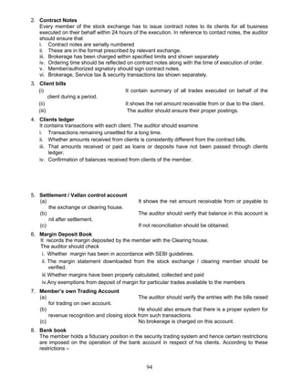 2. Contract Notes
Every member of the stock exchange has to issue contract notes to its clients for all business
executed on their behalf within 24 hours of the execution. In reference to contact notes, the auditor
should ensure that
i. Contract notes are serially numbered
ii. These are in the format prescribed by relevant exchange.
iii. Brokerage has been charged within specified limits and shown separately
iv. Ordering time should be reflected on contract notes along with the time of execution of order.
v. Member/authorized signatory should sign contract notes.
vi. Brokerage, Service tax & security transactions tax shown separately.
3. Client bills
(i) It contain summary of all trades executed on behalf of the
client during a period.
(ii) It shows the net amount receivable from or due to the client.
(iii) The auditor should ensure their proper postings.
4. Clients ledger
It contains transactions with each client. The auditor should examine
i. Transactions remaining unsettled for a long time.
ii. Whether amounts received from clients is consistently different from the contract bills.
iii. That amounts received or paid as loans or deposits have not been passed through clients
ledger.
iv. Confirmation of balances received from clients of the member.
5. Settlement / Vallan control account
(a) It shows the net amount receivable from or payable to
the exchange or clearing house.
(b) The auditor should verify that balance in this account is
nil after settlement.
(c) If not reconciliation should be obtained.
6. Margin Deposit Book
It records the margin deposited by the member with the Clearing house.
The auditor should check
i. Whether margin has been in accordance with SEBI guidelines.
ii. The margin statement downloaded from the stock exchange / clearing member should be
verified.
iii.Whether margins have been properly calculated, collected and paid
iv.Any exemptions from deposit of margin for particular trades available to the members
7. Member’s own Trading Account
(a) The auditor should verify the entries with the bills raised
for trading on own account.
(b) He should also ensure that there is a proper system for
revenue recognition and closing stock from such transactions.
(c) No brokerage is charged on this account.
8. Bank book
The member holds a fiduciary position in the security trading system and hence certain restrictions
are imposed on the operation of the bank account in respect of his clients. According to these
restrictions –
94
 