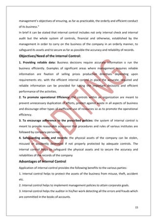 15
management’s objectives of ensuring, as far as practicable, the orderly and efficient conduct
of its business.”
In brief it can be stated that internal control includes not only internal check and internal
audit but the whole system of controls, financial and otherwise, established by the
management in order to carry on the business of the company in an orderly manner, to
safeguard its assets and to secure as far as possible the accuracy and reliability of records.
Objectives/Need of the Internal Control:
1. Providing reliable data: Business decisions require accurate information o run the
business efficiently. Examples of significant areas where management requires reliable
information are fixation of selling prices production directives depending upon
requirements etc. with the efficient internal control in place the accurate, required and
reliable information can be provided for taking the important decisions and efficient
performance of the activities.
2. To promote operational Efficiency: the controls within an organization are meant to
prevent unnecessary duplication of efforts, protect against waste in all aspects of business
and discourage other types of inefficient use of resources so as to promote the operational
efficiency.
3. To encourage adherence to the prescribed policies: the system of internal control is
meant to provide reasonable assurance that procedures and rules of various institutes are
followed by company personnel.
4. Safeguarding assets and records: the physical assets of the company can be stolen,
misused or accidently destroyed if not properly protected by adequate controls. The
internal control helps to safeguard the physical assets and to secure the accuracy and
reliabilities of the records of the company
Advantages of Internal Control
Application of internal control provides the following benefits to the various parties:
1. Internal control helps to protect the assets of the business from misuse, theft, accident
etc.
2. Internal control helps to implement management policies to attain corporate goals.
3. Internal control helps the auditor in his/her work detecting all the errors and frauds which
are committed in the books of accounts.
 
