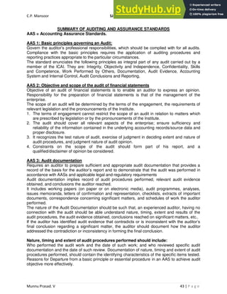 C.P. Mansoor SJEC
Munnu Prasad. V 43 | P a g e
SUMMARY OF AUDITING AND ASSURANCE STANDARDS
AAS = Accounting Assurance Standards.
AAS 1: Basic principles governing an Audit:
Govern the auditor’s professional responsibilities, which should be complied with for all audits.
Compliance with the basic principles requires the application of auditing procedures and
reporting practices appropriate to the particular circumstances.
The standard enunciates the following principles as integral part of any audit carried out by a
member of the ICAI. They are: Integrity, Objectivity and Independence, Confidentiality, Skills
and Competence, Work Performed by Others, Documentation, Audit Evidence, Accounting
System and Internal Control, Audit Conclusions and Reporting,
AAS 2: Objective and scope of the audit of financial statements
Objective of an audit of financial statements is to enable an auditor to express an opinion.
Responsibility for the preparation of financial statements is that of the management of the
enterprise.
The scope of an audit will be determined by the terms of the engagement, the requirements of
relevant legislation and the pronouncements of the Institute.
1. The terms of engagement cannot restrict the scope of an audit in relation to matters which
are prescribed by legislation or by the pronouncements of the Institute.
2. The audit should cover all relevant aspects of the enterprise; ensure sufficiency and
reliability of the information contained in the underlying accounting records/source data and
proper disclosure.
3. It recognizes the test nature of audit, exercise of judgment in deciding extent and nature of
audit procedures, and judgment nature of audit opinion.
4. Constraints on the scope of the audit should form part of his report, and a
qualified/disclaimer of opinion be considered.
AAS 3: Audit documentation
Requires an auditor to prepare sufficient and appropriate audit documentation that provides a
record of the basis for the auditor’s report and to demonstrate that the audit was performed in
accordance with AASs and applicable legal and regulatory requirements
Audit documentation implies record of audit procedures performed, relevant audit evidence
obtained, and conclusions the auditor reached.
It includes working papers (on paper or on electronic media), audit programmes, analyses,
issues memoranda, letters of confirmation and representation, checklists, extracts of important
documents, correspondence concerning significant matters, and schedules of work the auditor
performed.
The nature of the Audit Documentation should be such that, an experienced auditor, having no
connection with the audit should be able understand nature, timing, extent and results of the
audit procedures, the audit evidence obtained, conclusions reached on significant matters, etc..
If the auditor has identified audit evidence that contradicts or is inconsistent with the auditor’s
final conclusion regarding a significant matter, the auditor should document how the auditor
addressed the contradiction or inconsistency in forming the final conclusion.
Nature, timing and extent of audit procedures performed should include:
Who performed the audit work and the date of such work; and who reviewed specific audit
documentation and the date of such review. Documentation of nature, timing and extent of audit
procedures performed, should contain the identifying characteristics of the specific items tested.
Reasons for Departure from a basic principle or essential procedure in an AAS to achieve audit
objective more effectively.
 