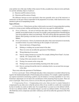 4
a true and fair view of the state of affairs of the concern. For this, an auditor has to discover errors and frauds.
As such the subsidiary objects of audit are :
(i) Detection and Prevention of errors,
(ii) Detection and Prevention of frauds.
The difference between an error and fraud is that error generally arises out of the innocence or
carelessness on the part of those responsible for the preparation of accounts, while fraud involves some
intention to gain out of manipulating records.
Types of Errors
A. Clerical Errors : Clerical errors are those which result on account of wrong posting that is posting
an item to a wrong account, totalling and balancing. Such errors may again be subdivided into:
(i) Errors of Omission : An error of omission takes place when a transaction is completely or
partially not recorded in books of account. For example, goods purchased from Narendra Kumar
were not recorded any where in account books. This error will not affect the agreement of Trial
Balance. But if posting is not done in one of the accounts, this will affect the agreement of Trial
Balance.
(ii) Errors of Commission : Errors of commission take place when some transaction in incorrectly
recorded in books of account. Following are the examples of such errors :
(i) Error in the books of Original Entry.
(ii) Debiting or crediting one account instead of the other.
These two errors do not affect the agreement of Trial Balance,
(iii) Wrong balancing of an account.
(iv) Error in writing amount in an account. For example, debiting Prem Chand’sAccount
with Rs. 107- instead of Rs. 100/-.
(v) Casting of the same amount to two accounts.
(vi) Posting of an amount on the wrong side.
(vii) Posting in one account and omitting of posting in the other account.
(viii) Error in carrying forward the total of a subsidiary book or an account from one page
to the other.
These errors affect the agreement of Trial Balance.
B. Errors of principle : Errors of Principle take place when a transaction is recorded without having
regard to the fundamental principles of book-keeping and accountancy. For example a capital expenditure,
say expenses incurred in constructing a godown, may be treated as a revenue expenditure or vice versa,
Sometimes adjustments are not taken into consideration while preparing Final Accounts. These are
errors of principle. These errors, however, do not affect the agreement of the Trial Balance.
C. Compensating Errors :- Compensating errors arise when an error is counter balanced or
compensated by any other error so that the adverse effect of one on debit (or credit) side is neutralised
by that of another on credit (or debit) side. For example Rani’s account was to be debited with Rs.
10, but it was debited with Rs. 100 similarly Shyam’s account was debited with Rs. 10 instead of Rs.
100. Both these errors compensate each other’s deficiency and will not affect the agreement of the Trial
Balance.
 