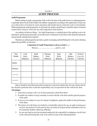 21
Lesson 3
AUDIT PROCESS
Audit Programme
Before starting an audit, a programme of the work to be done on the audit, known as audit programme,
is generally drawn by the ChiefAuditor. He outlines a programme according to the requirement of each case
as to what work is to be done by senior and junior staff and the time by which the work is to be finished.
While preparing the audit programme of each audit, the auditor should keep in mind the nature of internal
control and its extent as well as the size and composition of the business.
According to Professor Meigs, “An Audit Programme is a detailed plan of the auditing work to be
performed, specifying the procedures to be followed in verification of each item in the financial statements
and giving the estimated time required.”
Therefore an audit programme provides a guide in arranging and distributing the work and in checking
against the possibility of omissions.
A Specimen of Audit Programme is given as below :—
Messers.........................................and Co., Ltd.
Here it should be noted that each audit assistant has to put in his initial in the relevant column after he
has checked a particular item so that the responsibility may rest upon him for the work he has done.
Advantages
1. It provides assistants with a set of clear instructions about their duties.
2. It enables the auditor to keep constantly in touch with the work done and the general progress
of the audit.
3. It serves as an evidence in case of a charge of negligence against the auditor in the performance
of his duties.
4. The chance of work being over-looked is considerably reduced. In case an audit assistant goes
on leave, the portion of work done by him can easily be located and the unfinished work can
be resumed by another without any difficulty.
5. In case any fraud or error has remained undetected, the responsibly for negligence can be fixed
on the clerk performing that work as his initials are put on the audit programme.
Cash
Book
Balanced
Bank
Balance
Checked
Purchase
Book
Balanced
Sales
Book
Balanced
Trial
Balance
Checked
Profit &
LossA/c
Checked
January
February
Year
Months
 
