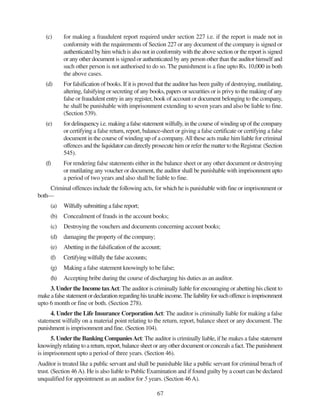 67
(c) for making a fraudulent report required under section 227 i.e. if the report is made not in
conformity with the requirements of Section 227 or any document of the company is signed or
authenticated by him which is also not in conformity with the above section or the report is signed
or any other document is signed or authenticated by any person other than the auditor himself and
such other person is not authorised to do so. The punishment is a fine upto Rs. 10,000 in both
the above cases.
(d) For falsification of books. If it is proved that the auditor has been guilty of destroying, mutilating,
altering, falsifying or secreting of any books, papers or securities or is privy to the making of any
false or fraudulent entry in any register, book of account or document belonging to the company,
he shall be punishable with imprisonment extending to seven years and also be liable to fine.
(Section 539).
(e) for delinquency i.e. making a false statement wilfully, in the course of winding up of the company
or certifying a false return, report, balance-sheet or giving a false certificate or certifying a false
document in the course of winding up of a company.All these acts make him liable for criminal
offences and the liquidator can directly prosecute him or refer the matter to the Registrar. (Section
545).
(f) For rendering false statements either in the balance sheet or any other document or destroying
or mutilating any voucher or document, the auditor shall be punishable with imprisonment upto
a period of two years and also shall be liable to fine.
Criminal offences include the following acts, for which he is punishable with fine or imprisonment or
both—
(a) Wilfully submitting a false report;
(b) Concealment of frauds in the account books;
(c) Destroying the vouchers and documents concerning account books;
(d) damaging the property of the company;
(e) Abetting in the falsification of the account;
(f) Certifying wilfully the false accounts;
(g) Making a false statement knowingly to be false;
(h) Accepting bribe during the course of discharging his duties as an auditor.
3. Under the Income taxAct: The auditor is criminally liable for encouraging or abetting his client to
makeafalsestatementordeclarationregardinghistaxableincome.Theliabilityforsuchoffenceisimprisonment
upto 6 month or fine or both. (Section 278).
4. Under the Life Insurance CorporationAct: The auditor is criminally liable for making a false
statement wilfully on a material point relating to the return, report, balance sheet or any document. The
punishment is imprisonment and fine. (Section 104).
5. Under the Banking CompaniesAct: The auditor is criminally liable, if he makes a false statement
knowingly relating to a return, report, balance sheet or any other document or conceals a fact. The punishment
is imprisonment upto a period of three years. (Section 46).
Auditor is treated like a public servant and shall be punishable like a public servant for criminal breach of
trust. (Section 46A). He is also liable to Public Examination and if found guilty by a court can be declared
unqualified for appointment as an auditor for 5 years. (Section 46A).
 