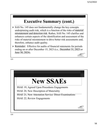 5/12/2022
58
 SAS No. 145 does not fundamentally change the key concepts
underpinning audit risk, which is a function of the risks of material
misstatement and detection risk. Rather, SAS No. 145 clarifies and
enhances certain aspects of the identification and assessment of the
risks of material misstatement to drive better risk assessments and,
therefore, enhance audit quality.
 Reminder: Effective for audits of financial statements for periods
ending on or after December 15, 2023 (i.e., December 31, 2023 or
June 30, 2024). 115
SSAE 19, Agreed Upon Procedures Engagements
SSAE 20, New Description of Materiality
SSAE 21, New Attestation Service: Direct Examinations
SSAE 22, Review Engagements
116
115
116
 