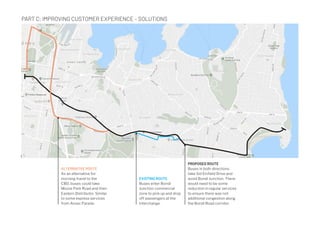 EXISTING ROUTE
Buses enter Bondi
Junction commercial
zone to pick up and drop
off passengers at the
Interchange.
PROPOSED ROUTE
Buses in both directions
take Sid Einfield Drive and
avoid Bondi Junction. There
would need to be some
reduction in regular services
to ensure there was not
additional congestion along
the Bondi Road corridor.
ALTERNATIVE ROUTE
As an alternative for
morning travel to the
CBD, buses could take
Moore Park Road and then
Eastern Distributor. Similar
to some express services
from Anzac Parade.
PART C: IMPROVING CUSTOMER EXPERIENCE – SOLUTIONS
 