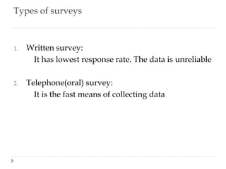 Types of surveys
1. Written survey:
It has lowest response rate. The data is unreliable
2. Telephone(oral) survey:
It is the fast means of collecting data
 