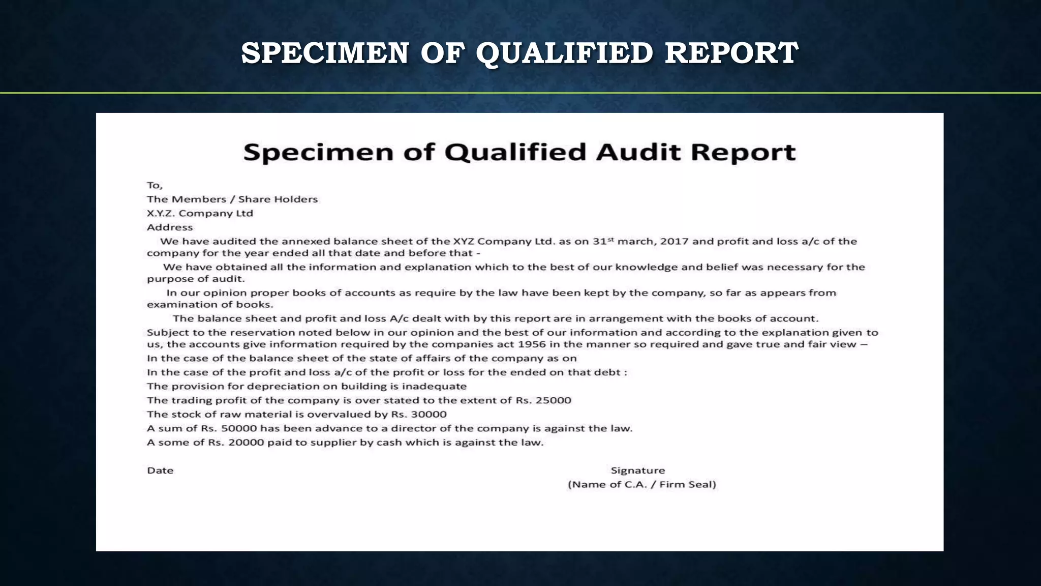 SPECIMEN OF QUALIFIED REPORT
 