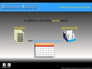 AUDITION FOR YOUR FUTURE




   In addition to providing ADVICE about:

RESUMÉS                        JOB SEARCHES




       and REALISTIC EXPECTATIONS…




                                 ©2012 COMMUNICATION EXCELLENCE. ALL RIGHTS RESERVED.
 