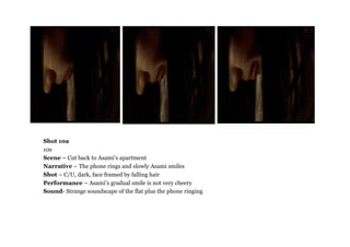 Shot 10a
10s
Scene – Cut back to Asami’s apartment
Narrative – The phone rings and slowly Asami smiles
Shot – C/U, dark, face framed by falling hair
Performance – Asami’s gradual smile is not very cheery
Sound- Strange soundscape of the flat plus the phone ringing
 