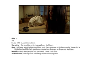 Shot 11
10s
Scene - Still in Asami’s apartment
Narrative – She is smiling at the ringing phone. And then…
Shot – mid shot, Asami in foreground (and again the strangeness of the foregrounded phone shot is
    highlighted) and The Sack is mid shot, coming into clear view as she moves. And then…
Sound – strange soundscape of her apartment. Phone. And then…
Performance Asami’s gradual unbending and her unnerving smile
 