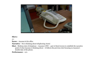 Shot 2
3s
Scene – Aoyama in his office
Narrative – He is thinking about telephoning Asami
Shot – Medium shot of telephone – Aoyama’s POV – part of shot/reverse to establish the narrative
   point of what Aoyama is thinking about – it follows the previous shot focusing on Aoyama’s
   double take of the phone.
Performance – n/a
 