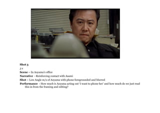 Shot 3
3s
Scene – In Aoyama’s office
Narrative - Reinforcing contact with Asami
Shot – Low Angle m/s of Aoyama with phone foregrounded and blurred
Performance - How much is Aoyama acting out ‘I want to phone her’ and how much do we just read
   this in from the framing and editing?
 