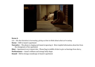 Scene 6
07s – the shot duration is increasing, giving us time to think about what we’re seeing
Scene – Still in Asami’s apartment
Narrative – The phone is ringing and Asami is ignoring it. More implied information about her from
    the strangeness of her apartment
Shot – Apartment in m/s tatami shot. Phone/bag in middle of shot to give us bearings from shot 4
Performance – Asami’s stillness and strange body shape.
Sound – Still in strange soundscape of Asami’s apartment
 