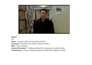 Shot 8
13s
Scene – Aoyama’s office and out into the corridor
Narrative He decides not to call her and starts to leave
Shot – M/s on Aoyama
Camera Movement - Tracking shot back from Aoyama as he walks forwards
Performance – Aoyama is demonstrating his conflict about calling/not calling
 
