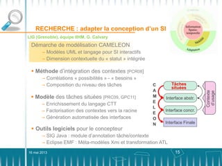 15
C
A
M
E
L
E
O
N
Tâches
Interface Abstr.
Interface Concr.
Interface Finale
Contexte
d’usage
TâchesContexte exec
Tâches
situées
RECHERCHE : adapter la conception d’un SI
 Modèle des tâches situées [PRC09, GPC11]
– Enrichissement du langage CTT
– Factorisation des contextes vers la racine
– Génération automatisée des interfaces
Démarche de modélisation CAMELEON
– Modèles UML et langage pour SI interactifs
– Dimension contextuelle du « statut » intégrée
C
A
M
E
L
E
O
N
Interface abstr.
Interface concr.
Interface Finale
Contexte
d’usage
Tâches
situées
C
A
M
E
L
E
O
N
Interface abstr.
Interface concr.
Interface Finale
Contexte
d’usage
Tâches
situées
 Outils logiciels pour le concepteur
– SIG Java : module d’annotation tâche/contexte
– Eclipse EMF : Méta-modèles Xmi et transformation ATL
 Méthode d’intégration des contextes [PCR08]
– Corrélations « possibilités » - « besoins »
– Composition du niveau des tâches
LIG (Grenoble), équipe IIHM, G. Calvary
16 mai 2013
 