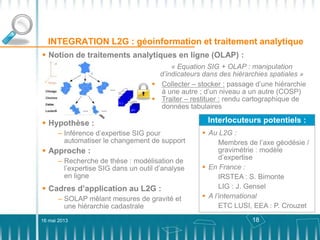 18
INTEGRATION L2G : géoinformation et traitement analytique
16 mai 2013
 Notion de traitements analytiques en ligne (OLAP) :
– Ensemble de mesures multidimensionnelles
– Collecter, stocker, traiter et restituer
– Restituer : Forer, remonter, forer latéralement,
pivoter, etc.
► analyse décisionnelle OLAP ◄
– Equation SIG + OLAP : manipulation de
hiérarchies spatiales
« Equation SIG + OLAP : manipulation
d’indicateurs dans des hiérarchies spatiales »
 Collecter – stocker : passage d’une hiérarchie
à une autre ; d’un niveau a un autre (COSP)
 Traiter – restituer : rendu cartographique de
données tabulaires
Interlocuteurs potentiels :
 Au L2G :
Membres de l’axe géodésie /
gravimétrie : modèle
d’expertise
 En France :
IRSTEA : S. Bimonte
LIG : J. Gensel
 A l’international
ETC LUSI, EEA : P. Crouzet
 Hypothèse :
– Inférence d’expertise SIG pour
automatiser le changement de support
 Approche :
– Recherche de thèse : modélisation de
l’expertise SIG dans un outil d’analyse
en ligne
 Cadres d’application au L2G :
– SOLAP mêlant mesures de gravité et
une hiérarchie cadastrale
 