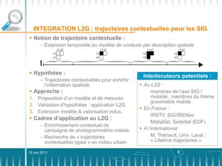 8
INTEGRATION L2G : trajectoires contextuelles pour les SIG
16 mai 2013
 Notion de trajectoire contextuelle :
– Extension temporelle du modèle de contexte par description spatiale
 Hypothèse :
– Trajectoires contextuelles pour enrichir
l’information spatiale
 Approche :
1. Proposition d’un modèle et de mesures
2. Validation d’hypothèse : application L2G
3. Extension modèle & valorisation indus.
 Cadres d’application au L2G :
– Enrichissement contextuel de
campagne de photogrammétrie mobile
– Recherche de « trajectoires
contextuelles types » en milieu urbain
Interlocuteurs potentiels :
 Au L2G :
membres de l’axe SIG /
mobilité ; membres du thème
gravimétrie mobile
 En France :
IRSTV, SIG/IRENav
MatiaSat, Sodetrel (EDF)
 A l’international
M. Thériault, Univ. Laval :
« Lifetime trajectories »
 