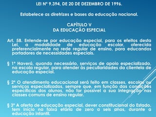 LEI Nº 9.394, DE 20 DE DEZEMBRO DE 1996.
Estabelece as diretrizes e bases da educação nacional.
CAPÍTULO V
DA EDUCAÇÃO ESPECIAL
Art. 58. Entende-se por educação especial, para os efeitos desta
Lei, a modalidade de educação escolar, oferecida
preferencialmente na rede regular de ensino, para educandos
portadores de necessidades especiais.
§ 1º Haverá, quando necessário, serviços de apoio especializado,
na escola regular, para atender às peculiaridades da clientela de
educação especial.
§ 2º O atendimento educacional será feito em classes, escolas ou
serviços especializados, sempre que, em função das condições
específicas dos alunos, não for possível a sua integração nas
classes comuns de ensino regular.
§ 3º A oferta de educação especial, dever constitucional do Estado,
tem início na faixa etária de zero a seis anos, durante a
educação infantil.
 