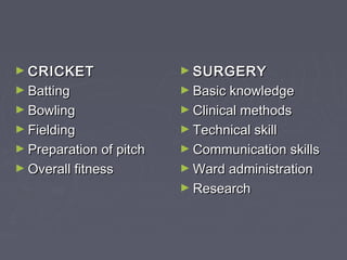 ► CRICKET                ► SURGERY
► Batting                ► Basic knowledge
► Bowling                ► Clinical methods
► Fielding               ► Technical skill
► Preparation of pitch   ► Communication skills
► Overall fitness        ► Ward administration
                         ► Research
 