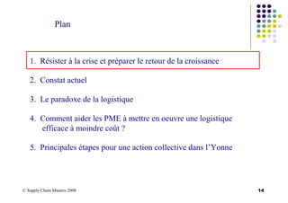 © Supply Chain Masters 2008 14
Plan
1. Résister à la crise et préparer le retour de la croissance
2. Constat actuel
3. Le paradoxe de la logistique
4. Comment aider les PME à mettre en oeuvre une logistique
efficace à moindre coût ?
5. Principales étapes pour une action collective dans l’Yonne
 