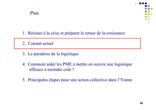 16
Plan
1. Résister à la crise et préparer le retour de la croissance
2. Constat actuel
3. Le paradoxe de la logistique
4. Comment aider les PME à mettre en oeuvre une logistique
efficace à moindre coût ?
5. Principales étapes pour une action collective dans l’Yonne
 