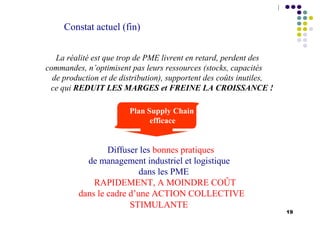 19
Constat actuel (fin)
STIMULANTE
La réalité est que trop de PME livrent en retard, perdent des
commandes, n’optimisent pas leurs ressources (stocks, capacités
de production et de distribution), supportent des coûts inutiles,
ce qui REDUIT LES MARGES et FREINE LA CROISSANCE !
Plan Supply Chain
efficace
Diffuser les bonnes pratiques
de management industriel et logistique
dans les PME
RAPIDEMENT, A MOINDRE COÛT
dans le cadre d’une ACTION COLLECTIVE
 