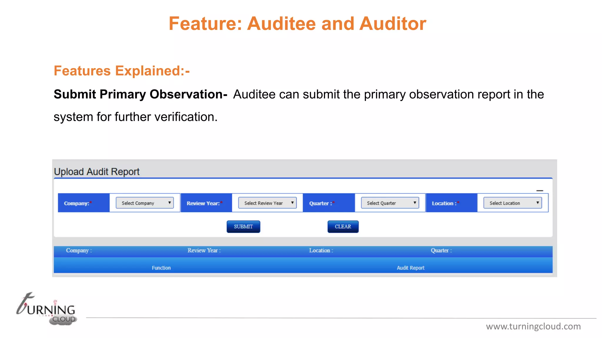 www.turningcloud.com
Feature: Auditee and Auditor
Features Explained:-
Submit Primary Observation- Auditee can submit the primary observation report in the
system for further verification.
 