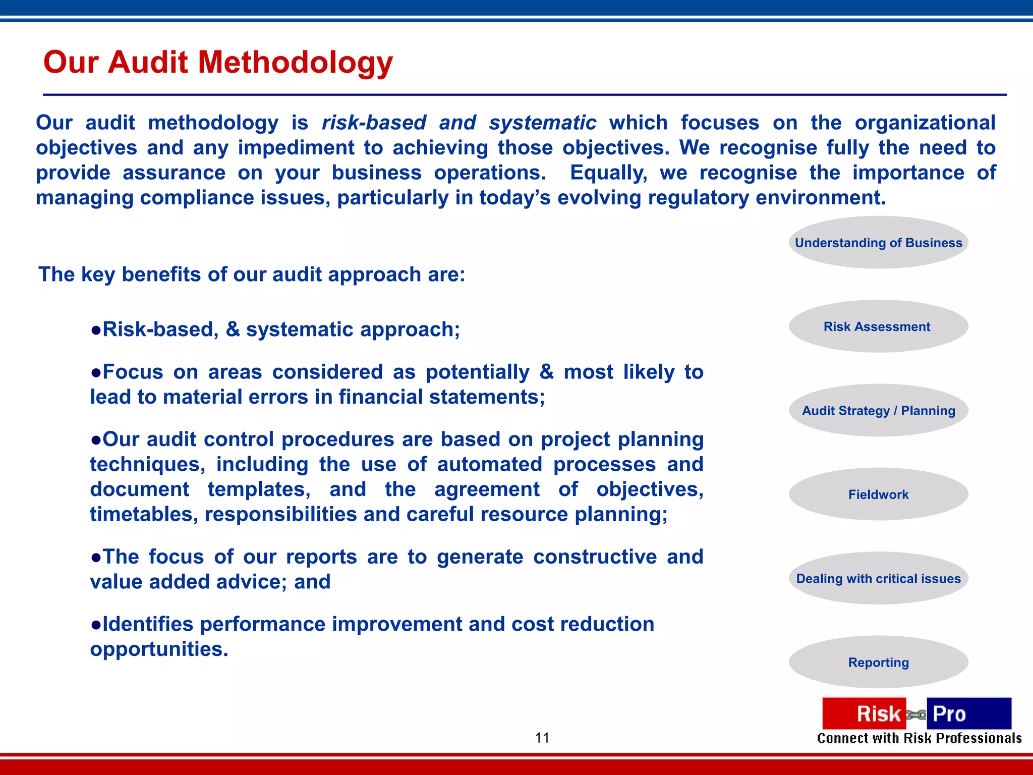 Our Audit Methodology
Our audit methodology is risk-based and systematic which focuses on the organizational
objectives and any impediment to achieving those objectives. We recognise fully the need to
provide assurance on your business operations. Equally, we recognise the importance of
managing compliance issues, particularly in today’s evolving regulatory environment.

                                                                       Understanding of Business

The key benefits of our audit approach are:

     ●Risk-based, & systematic approach;                                    Risk Assessment


     ●Focus on areas considered as potentially & most likely to
     lead to material errors in financial statements;
                                                                        Audit Strategy / Planning

     ●Our audit control procedures are based on project planning
     techniques, including the use of automated processes and
     document templates, and the agreement of objectives,                       Fieldwork
     timetables, responsibilities and careful resource planning;

     ●The focus of our reports are to generate constructive and
     value added advice; and                                            Dealing with critical issues


     ●Identifies performance improvement and cost reduction
     opportunities.
                                                                                Reporting




                                               11
 