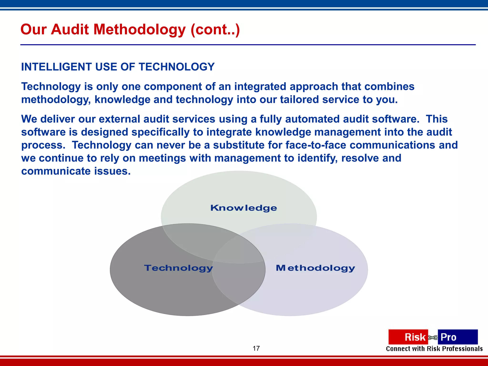 Our Audit Methodology (cont..)

INTELLIGENT USE OF TECHNOLOGY
Technology is only one component of an integrated approach that combines
methodology, knowledge and technology into our tailored service to you.
We deliver our external audit services using a fully automated audit software. This
software is designed specifically to integrate knowledge management into the audit
process. Technology can never be a substitute for face-to-face communications and
we continue to rely on meetings with management to identify, resolve and
communicate issues.


                                   Know ledge




                       Technology               M ethodology




                                           17
 