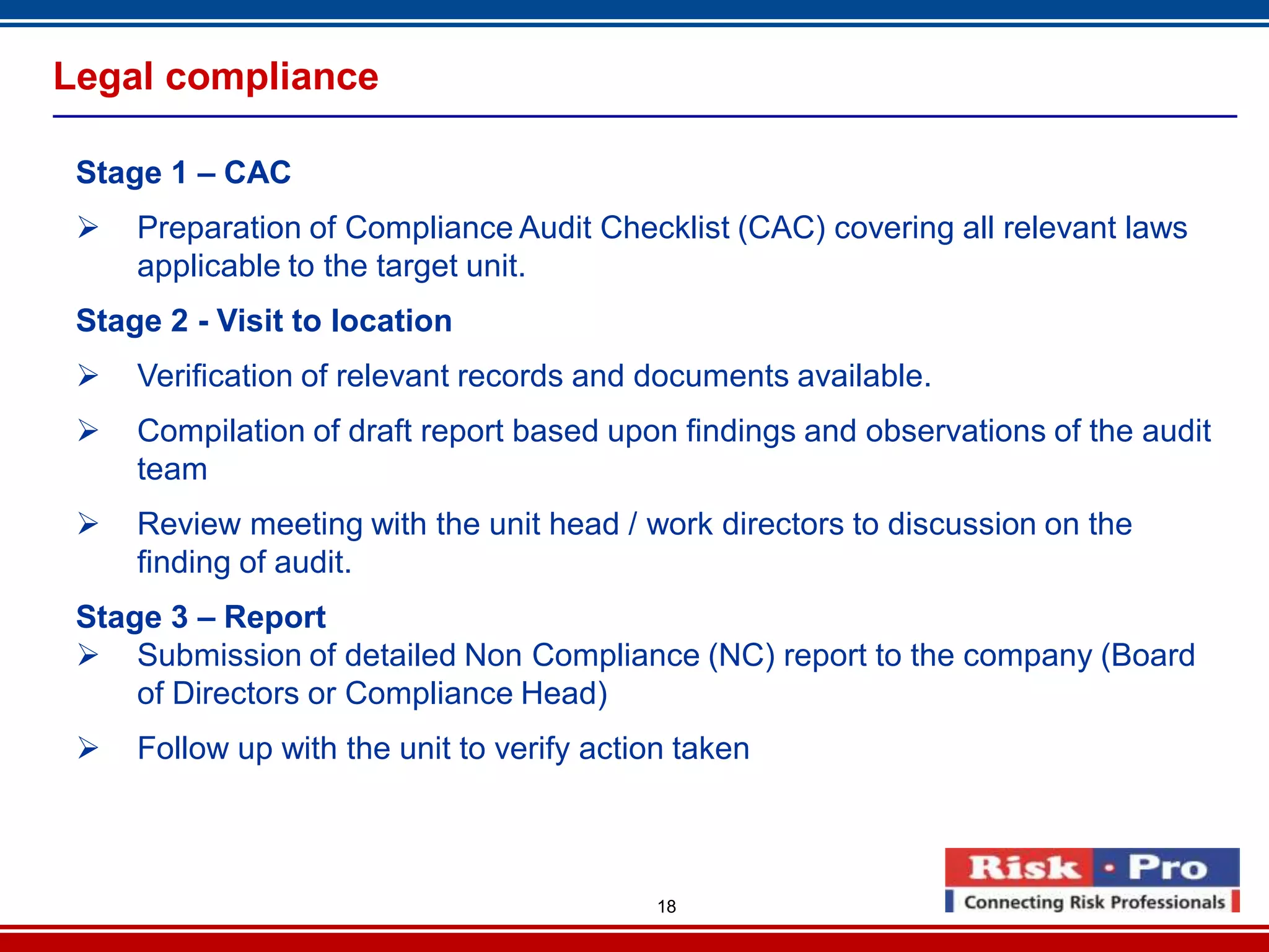 18
Legal compliance
Stage 1 – CAC
 Preparation of Compliance Audit Checklist (CAC) covering all relevant laws
applicable to the target unit.
Stage 2 - Visit to location
 Verification of relevant records and documents available.
 Compilation of draft report based upon findings and observations of the audit
team
 Review meeting with the unit head / work directors to discussion on the
finding of audit.
Stage 3 – Report
 Submission of detailed Non Compliance (NC) report to the company (Board
of Directors or Compliance Head)
 Follow up with the unit to verify action taken
 