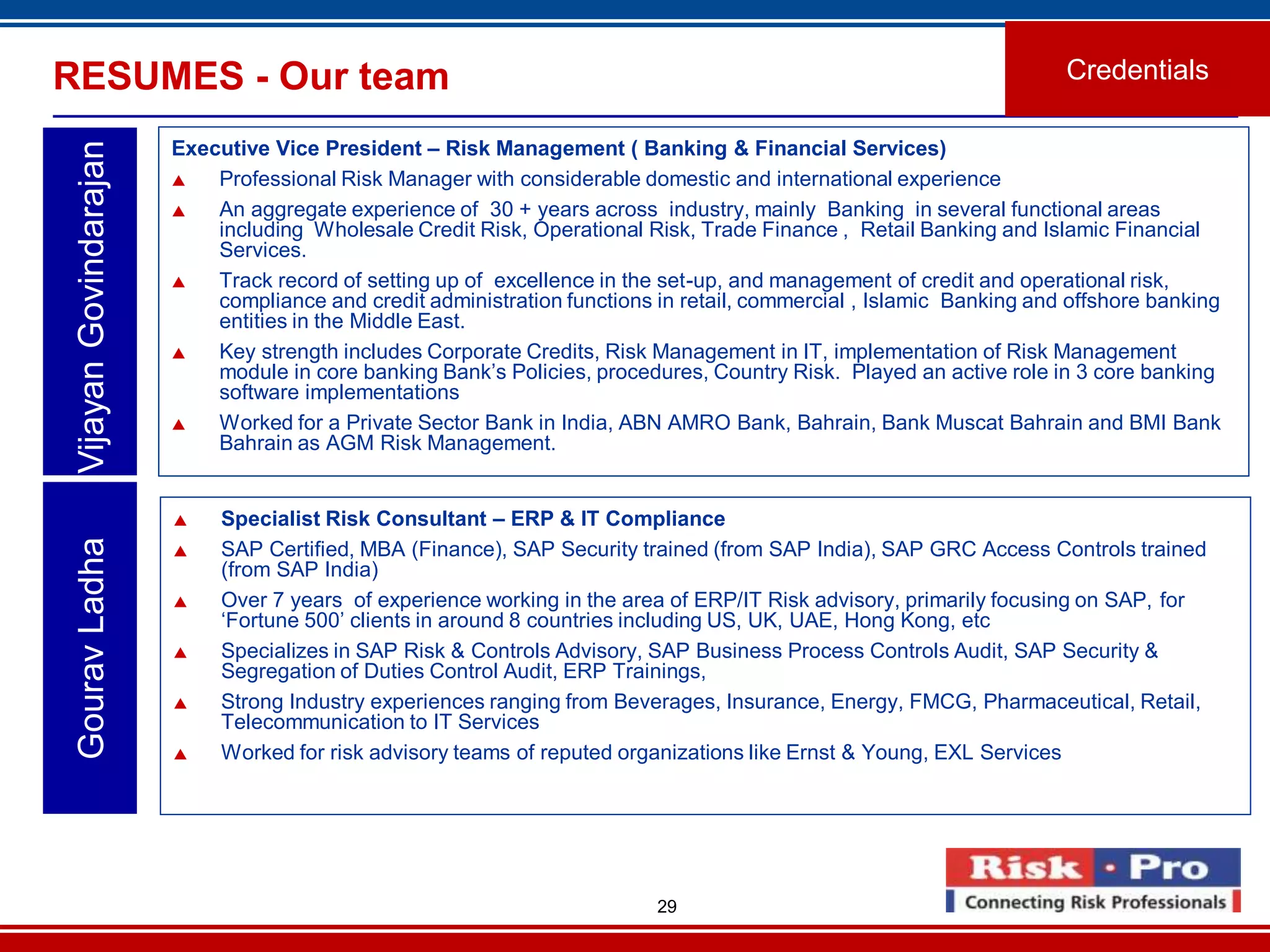 29
Executive Vice President – Risk Management ( Banking & Financial Services)
 Professional Risk Manager with considerable domestic and international experience
 An aggregate experience of 30 + years across industry, mainly Banking in several functional areas
including Wholesale Credit Risk, Operational Risk, Trade Finance , Retail Banking and Islamic Financial
Services.
 Track record of setting up of excellence in the set-up, and management of credit and operational risk,
compliance and credit administration functions in retail, commercial , Islamic Banking and offshore banking
entities in the Middle East.
 Key strength includes Corporate Credits, Risk Management in IT, implementation of Risk Management
module in core banking Bank’s Policies, procedures, Country Risk. Played an active role in 3 core banking
software implementations
 Worked for a Private Sector Bank in India, ABN AMRO Bank, Bahrain, Bank Muscat Bahrain and BMI Bank
Bahrain as AGM Risk Management.
VijayanGovindarajanRESUMES - Our team Credentials
 Specialist Risk Consultant – ERP & IT Compliance
 SAP Certified, MBA (Finance), SAP Security trained (from SAP India), SAP GRC Access Controls trained
(from SAP India)
 Over 7 years of experience working in the area of ERP/IT Risk advisory, primarily focusing on SAP, for
‘Fortune 500’ clients in around 8 countries including US, UK, UAE, Hong Kong, etc
 Specializes in SAP Risk & Controls Advisory, SAP Business Process Controls Audit, SAP Security &
Segregation of Duties Control Audit, ERP Trainings,
 Strong Industry experiences ranging from Beverages, Insurance, Energy, FMCG, Pharmaceutical, Retail,
Telecommunication to IT Services
 Worked for risk advisory teams of reputed organizations like Ernst & Young, EXL Services
GouravLadha
 