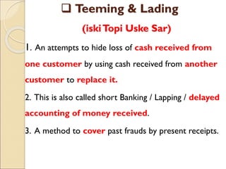  Teeming & Lading
(iskiTopi Uske Sar)
1. An attempts to hide loss of cash received from
one customer by using cash received from another
customer to replace it.
2. This is also called short Banking / Lapping / delayed
accounting of money received.
3. A method to cover past frauds by present receipts.
 