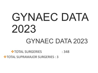 GYNAEC DATA
2023
GYNAEC DATA 2023
❖TOTAL SURGERIES : 348
❖TOTAL SUPRAMAJOR SURGERIES : 3
 
