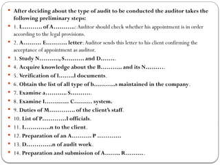  After deciding about the type of audit to be conducted the auditor takes the
following preliminary steps:
 1. L………. of A………..:Auditor should check whether his appointment is in order
according to the legal provisions.
 2. A……… E……….. letter:Auditor sends this letter to his client confirming the
acceptance of appointment as auditor.
 3. Study N………., S………. and D……..
 4. Acquire knowledge about the B……….. and its N……….
 5. Verification of l……..l documents.
 6. Obtain the list of all type of b………..s maintained in the company.
 7. Examine a……….. S………..
 8. Examine I………… C……… system.
 9. Duties of M…………. of the client’s staff.
 10. List of P…………l officials.
 11. I………….n to the client.
 12. Preparation of an A………. P …………
 13. D………….n of audit work.
 14. Preparation and submission of A…….. R……….
 