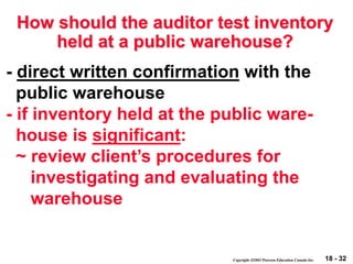 18 - 32
Copyright 2003 Pearson Education Canada Inc.
How should the auditor test inventory
held at a public warehouse?
- ...