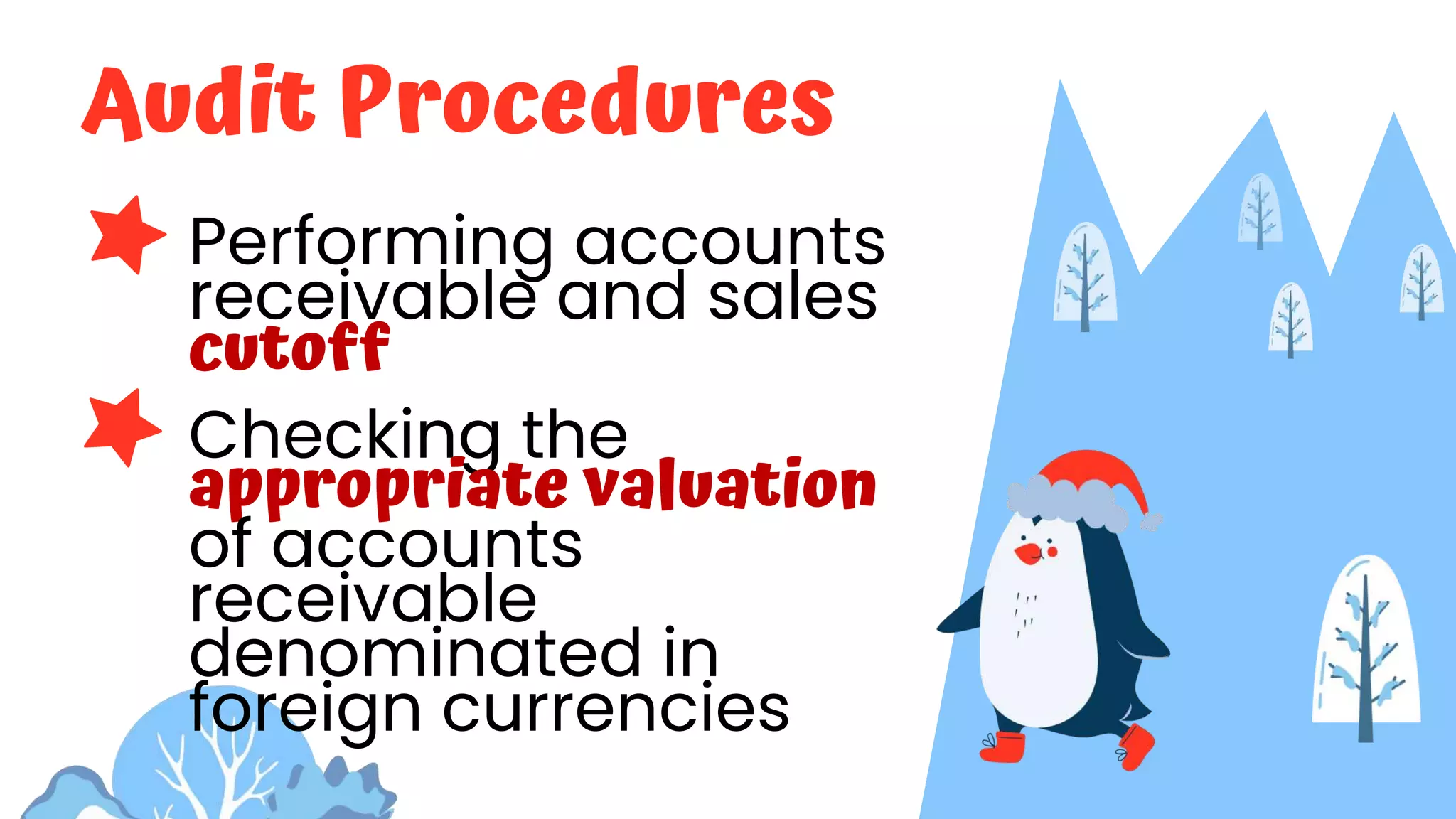 Audit Procedures
Performing accounts
receivable and sales
cutoff
Checking the
appropriate valuation
of accounts
receivable
denominated in
foreign currencies
 