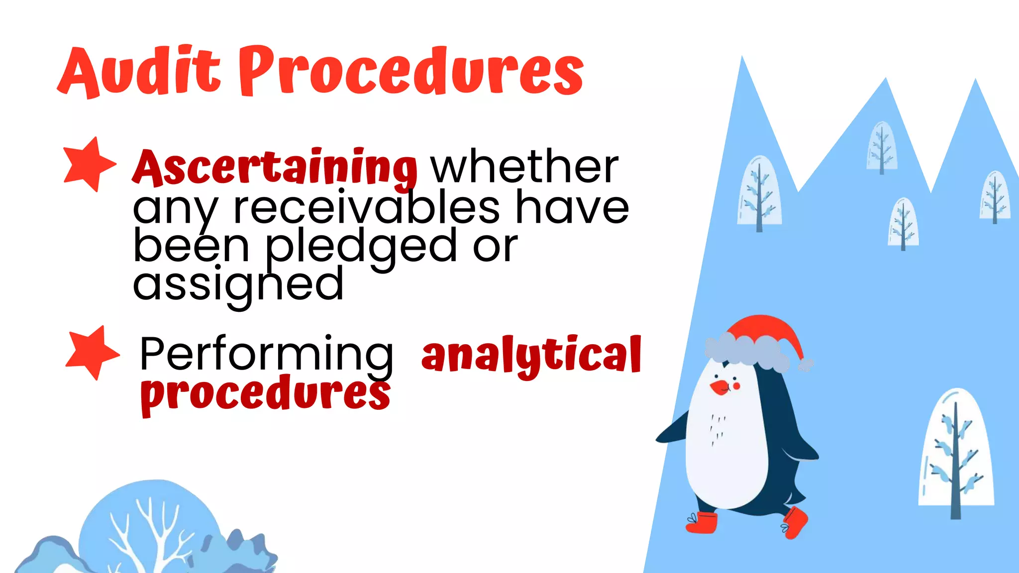 Audit Procedures
Ascertaining whether
any receivables have
been pledged or
assigned
Performing analytical
procedures
 