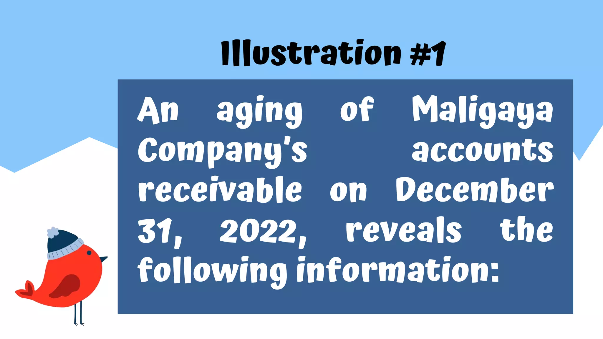 Illustration #1
An aging of Maligaya
Company’s accounts
receivable on December
31, 2022, reveals the
following information:
 