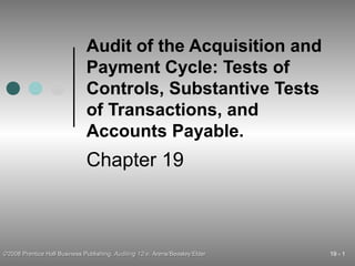 Audit of the Acquisition and 
Payment Cycle: Tests of 
Controls, Substantive Tests 
of Transactions, and 
Accounts Payable. 
Chapter 19 
©2008 Prentice Hall BBuussiinneessss PPuubblliisshhiinngg,, AAuuddiittiinngg 1122//ee,, AArreennss//BBeeaasslleeyy//EEllddeerr 19 - 1 
 
