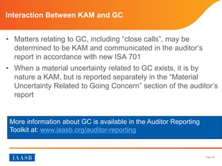 Page 20
Interaction Between KAM and GC
• Matters relating to GC, including “close calls”, may be
determined to be KAM and communicated in the auditor’s
report in accordance with new ISA 701
• When a material uncertainty related to GC exists, it is by
nature a KAM, but is reported separately in the “Material
Uncertainty Related to Going Concern” section of the auditor’s
report
More information about GC is available in the Auditor Reporting
Toolkit at: www.iaasb.org/auditor-reporting.
 
