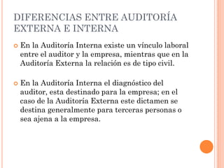 DIFERENCIAS ENTRE AUDITORÍA
EXTERNA E INTERNA




En la Auditoría Interna existe un vínculo laboral
entre el auditor y la empresa, mientras que en la
Auditoría Externa la relación es de tipo civil.
En la Auditoría Interna el diagnóstico del
auditor, esta destinado para la empresa; en el
caso de la Auditoría Externa este dictamen se
destina generalmente para terceras personas o
sea ajena a la empresa.

 